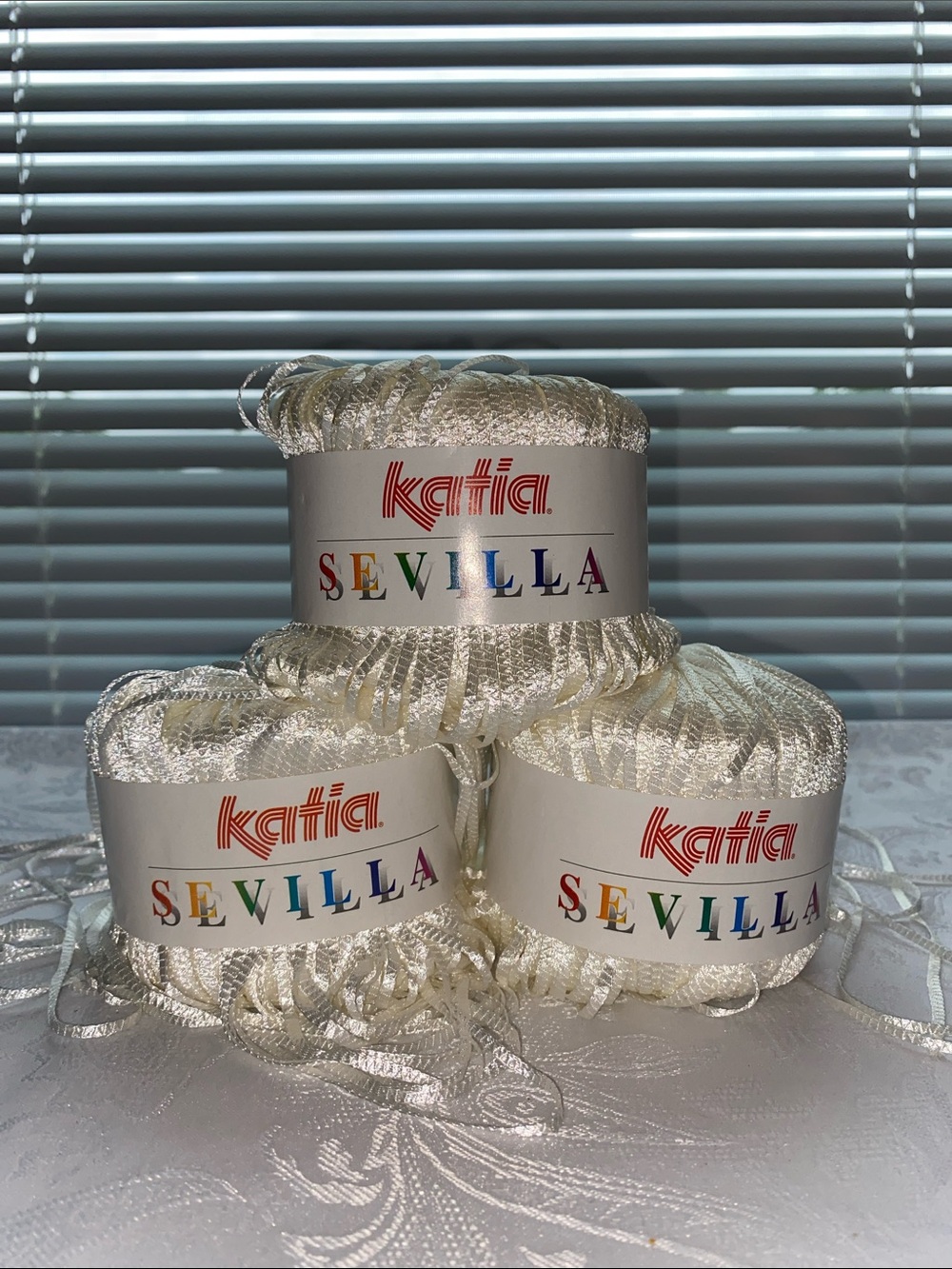 Lot of 3 Katia Sevilla Ribbon Tape Yarn - Cream/White